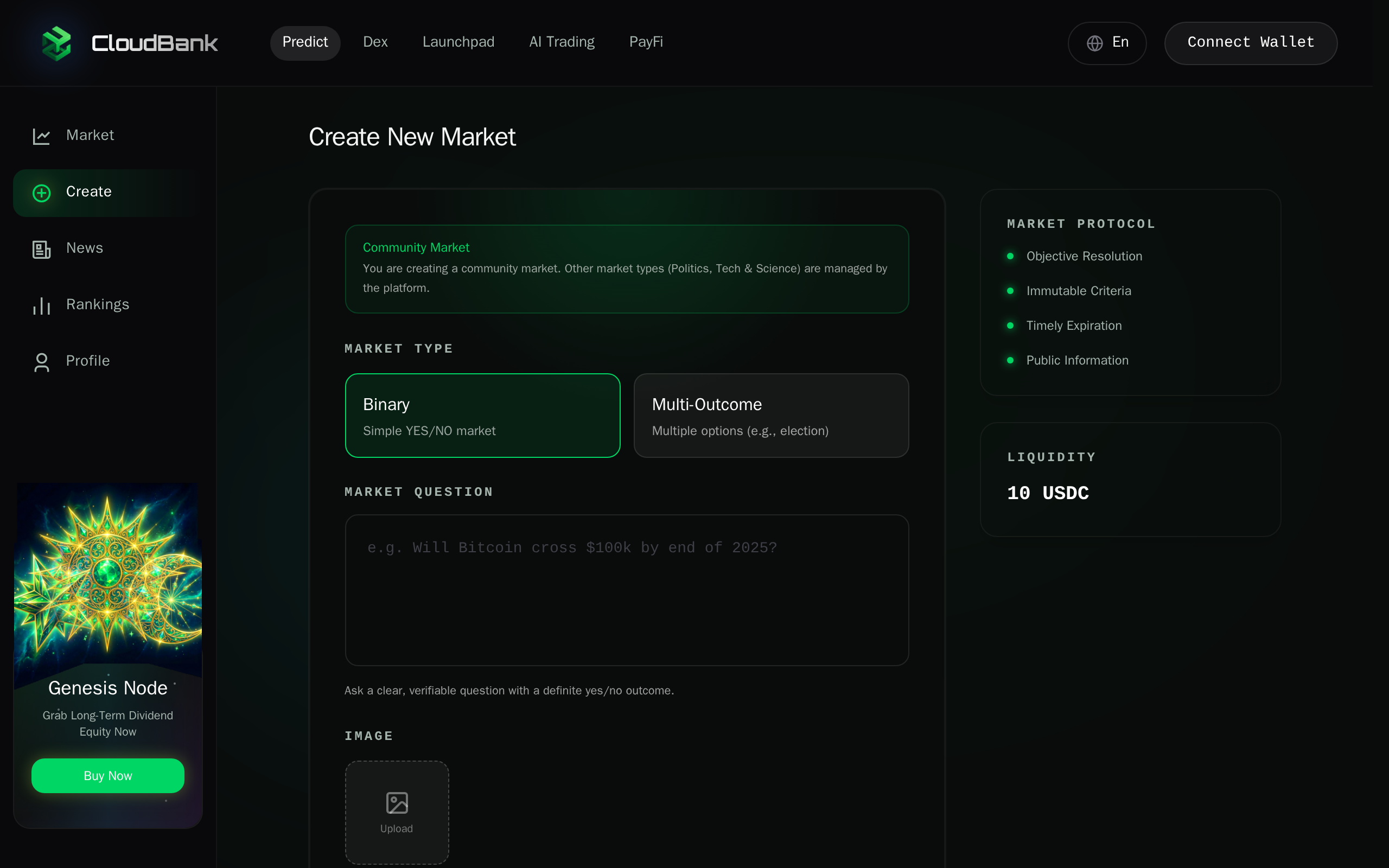 Create New Market form overview