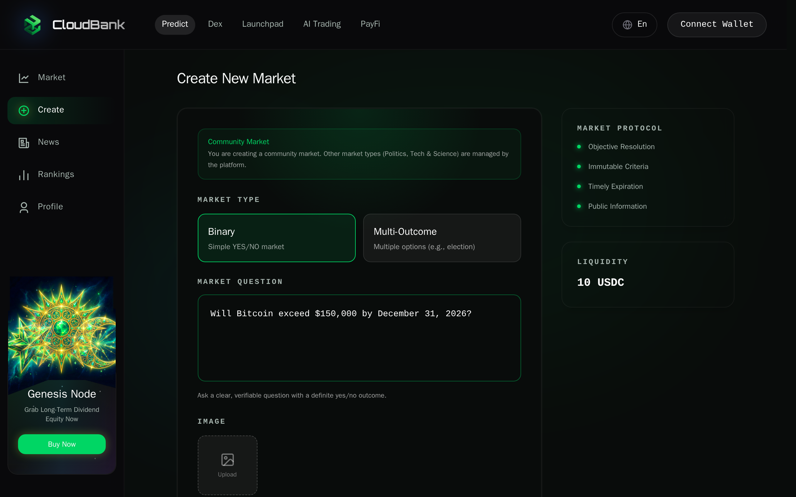 Entering a market question in the text area