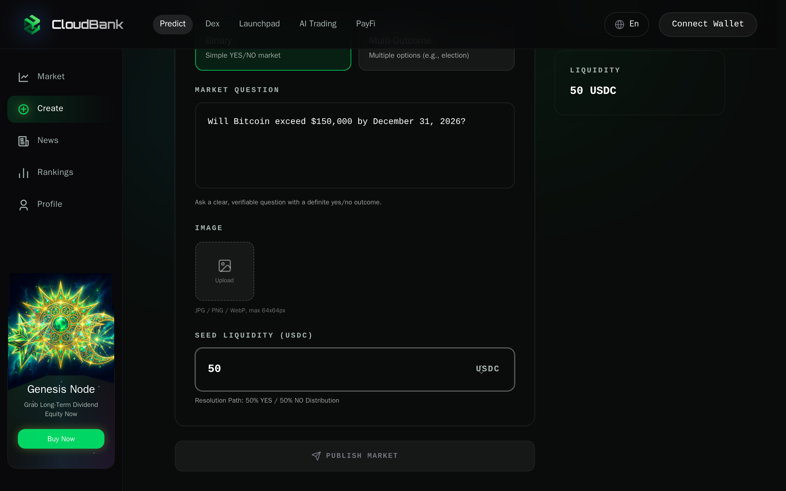 Setting seed liquidity to 50 USDC with the Publish Market button below